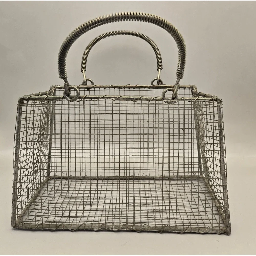 Vintage Metal Basket Purse Gold Toned Wire Mesh With Coil Spring Handles. B#32